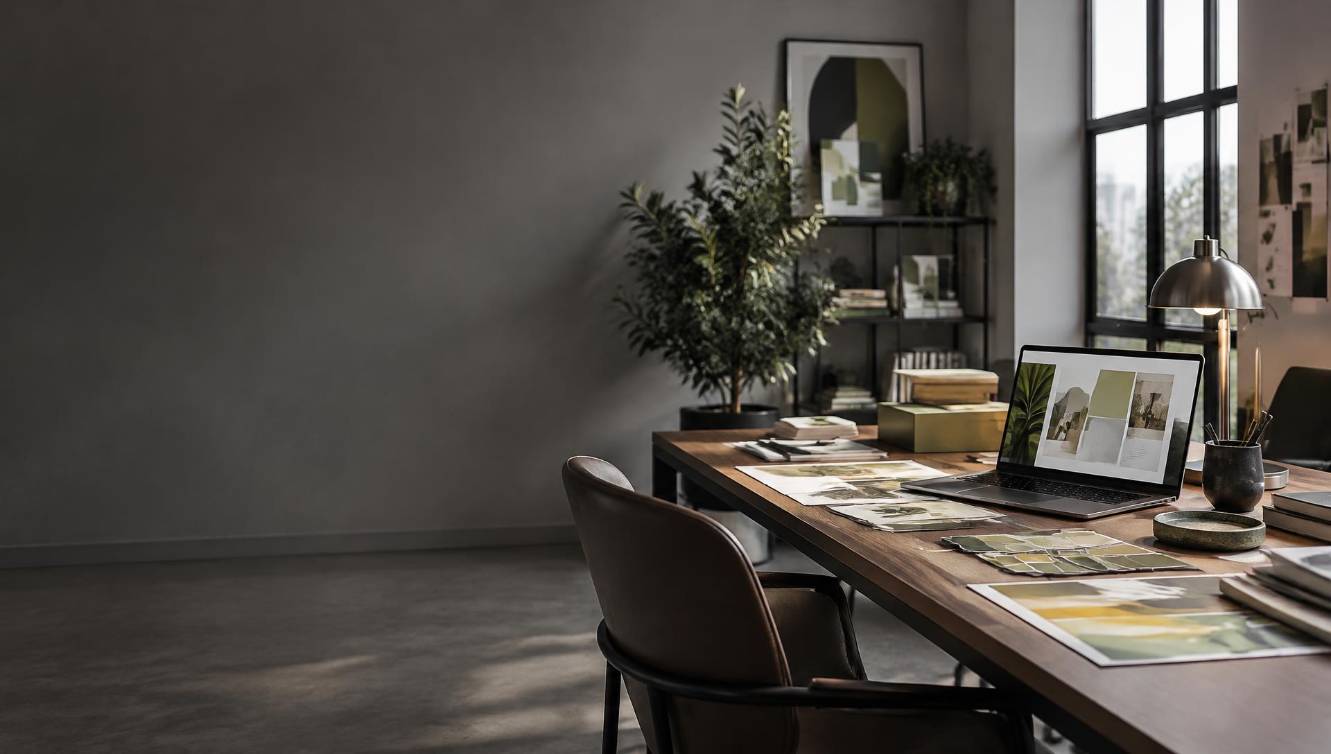 Creative workspace with campaign concepts and a laptop